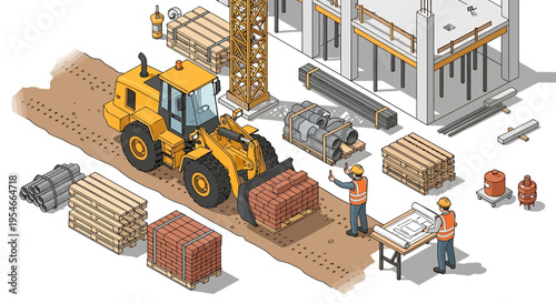 Yellow Construction Tractor Moving Heavy Blocks.