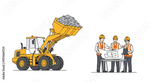 Construction workers with blueprint and loader.