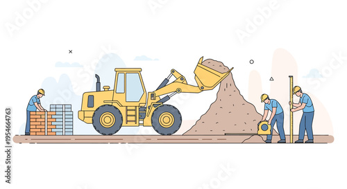 Construction workers with heavy machinery.
