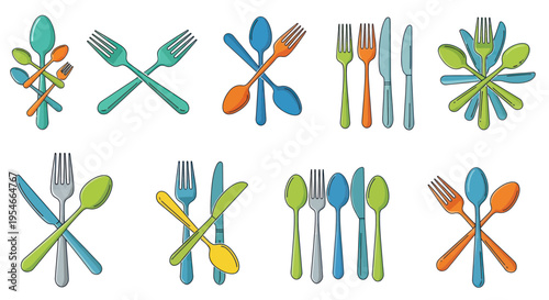 Colorful Cutlery Sets: Forks, Spoons, Knives - Flatware Design Elements