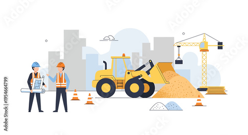 Construction workers with heavy machinery equipment.