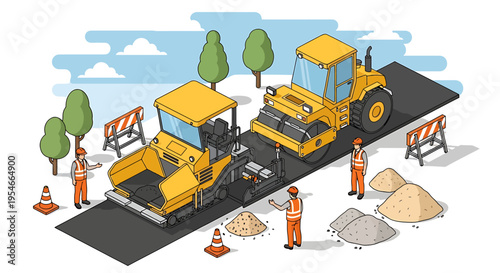 Construction workers operating heavy machinery.