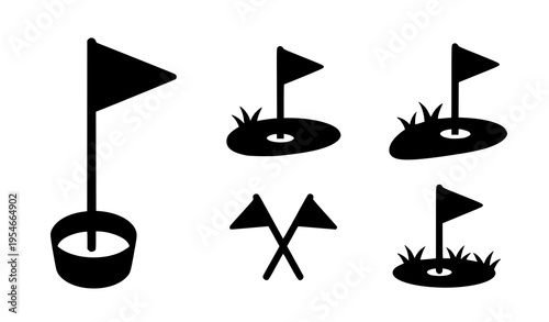 Golf Flag and Hole Icon Set Featuring Course Markers, Crossed Flags, and Minimal Sports Symbols, Black Silhouette Vector Collection for Recreation and Game Design