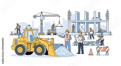 Yellow construction bulldozer with workers.