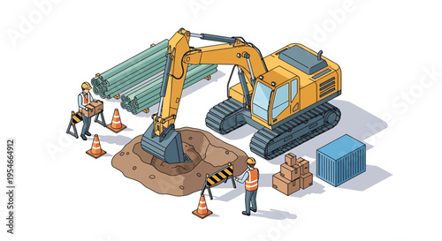 Yellow excavator with construction workers site.