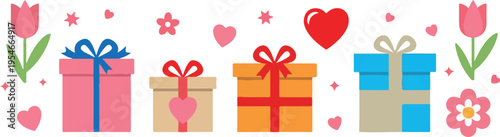 Set of 5 colorful gift boxes with bows and Valentine's Day decorations vector