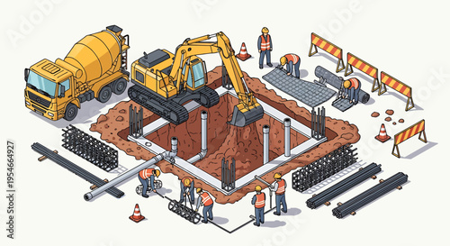 Construction workers with excavator machine.