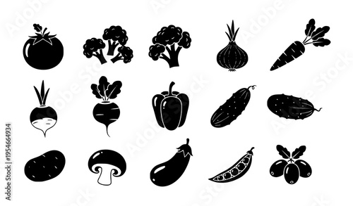 Vegetable Icon Set Featuring Tomato, Broccoli, Carrot, Onion, Pepper, Eggplant, Mushroom, and Pea Pod, Fresh Organic Food Silhouette Collection for Cooking and Design