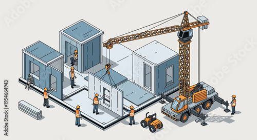 Construction workers with crane and modules.