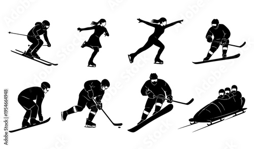 Winter Sports Silhouette Icon Set Featuring Skiing, Snowboarding, Ice Skating, Hockey, and Bobsleigh Athletes, Outdoor Activity Black Vector Collection for Design