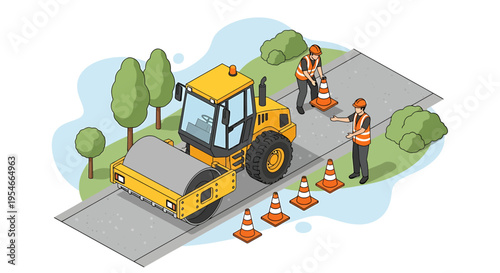 Workers operating road construction equipment.