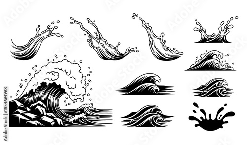 Ocean Wave and Water Splash Illustration Set Featuring Dynamic Sea Waves, Liquid Motion Elements, and Nature Fluid Designs in Detailed Line and Silhouette Vector Style