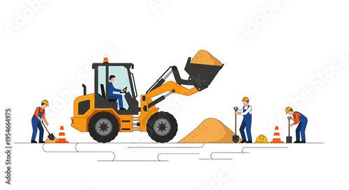Yellow Construction Loader Machine with Workers.
