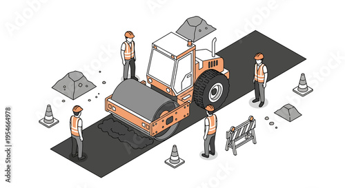 Workers operating road construction machinery.