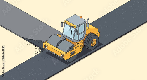 Yellow road roller machine working.