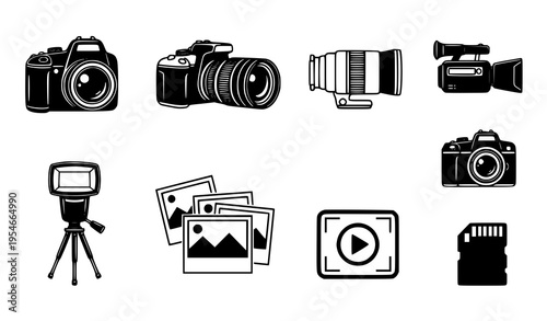 Photography Equipment Icon Set Featuring DSLR Cameras, Lenses, Tripod, Flash, Video Camera, Gallery Images, and Media Symbols in Modern Line Vector Style