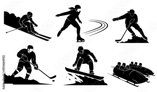 Winter Sports Silhouette Icon Set Featuring Skiing, Snowboarding, Ice Skating, Hockey, and Bobsleigh Athletes, Outdoor Activity Black Vector Collection for Design