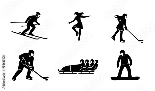 Winter Sports Silhouette Icon Set Featuring Skiing, Snowboarding, Ice Skating, Hockey, and Bobsleigh Athletes, Outdoor Activity Black Vector Collection for Design