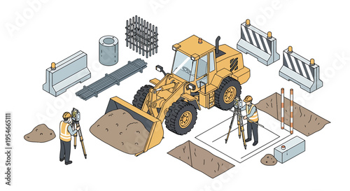 Yellow Construction Tractor With Workers Site.