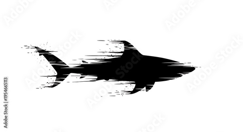 Dynamic Black Shark Silhouette with Brush Stroke Effect on White Background.