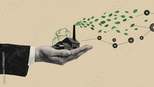 Hand holding a factory with green leaves. Sustainable industry concept.