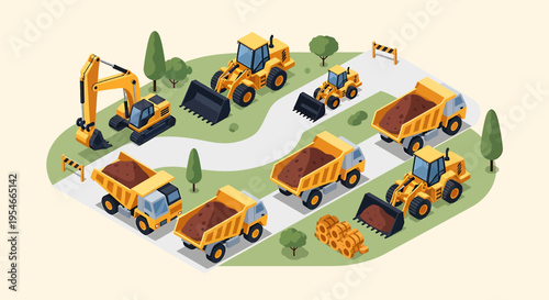 Yellow construction vehicles on a road.