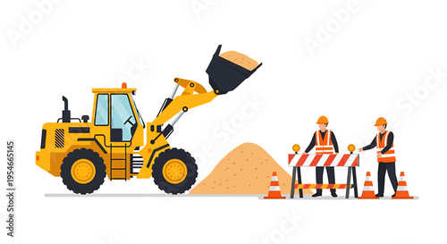 Construction workers with heavy machinery equipment.