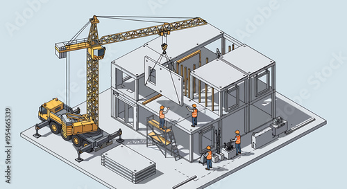 Construction site with workers and crane.