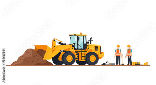 Yellow Construction Loader Machine With Workers.