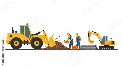 Construction workers with heavy machinery equipment.