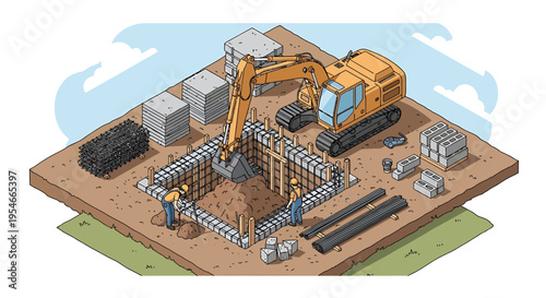Yellow Excavator on Construction Site.