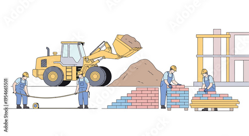 Construction workers with heavy machinery bricks.