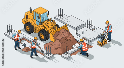 Construction workers with heavy machinery.