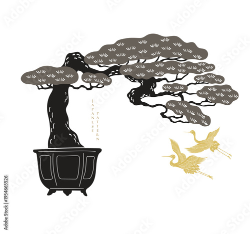 Bonsai tree branch and crane birds  with Chinese painting in natural background.