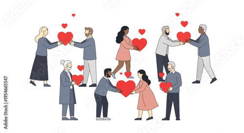 Diverse people sharing love and hearts, representing unity and connection