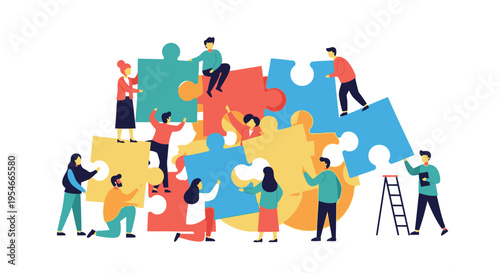 Teamwork puzzle solving, people connecting pieces together, collaboration concept