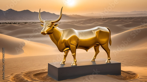 A golden bull statue stands on a rocky pedestal amidst sand dunes at sunrise, symbolizing the biblical story of Israelites worshipping an idol in the Sinai Valley.
