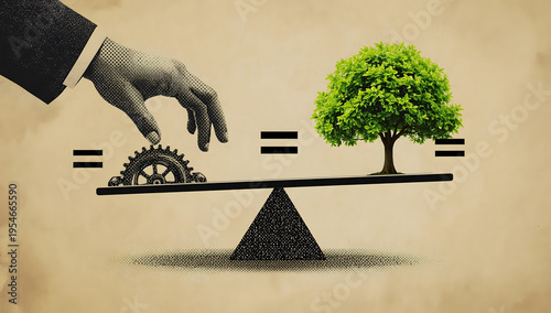 Hand above a gear and a tree on a seesaw. Ecological equilibrium concept.