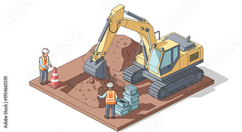 Yellow excavator with construction workers digging.