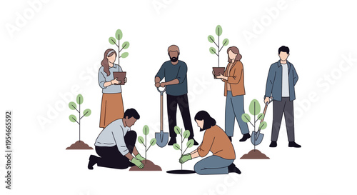 Diverse group planting trees, community gardening, environmental protection, teamwork