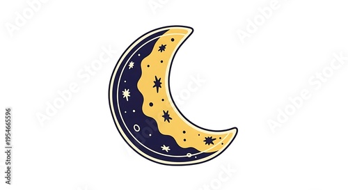 Stylized Crescent Moon with Stars and Night Sky Pattern.