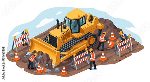 Yellow Construction Bulldozer with Workers.