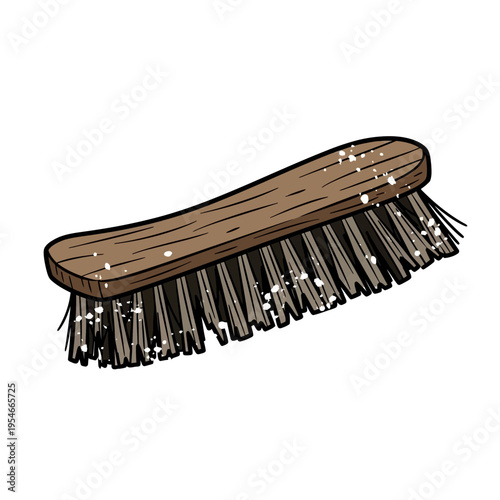 Wooden handle brush with dark bristles, isolated on white background, artistic illustration