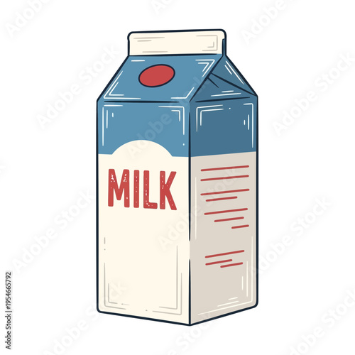 Cardboard milk carton with red cap and blue label, isolated on white