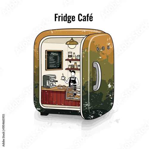Fridge Cafe Concept - Barista Serving Coffee Inside Retro Refrigerator
