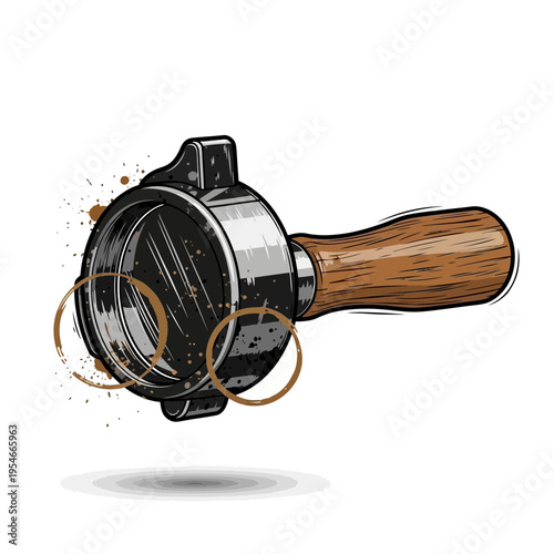 Espresso machine portafilter with coffee stains and grounds on white background