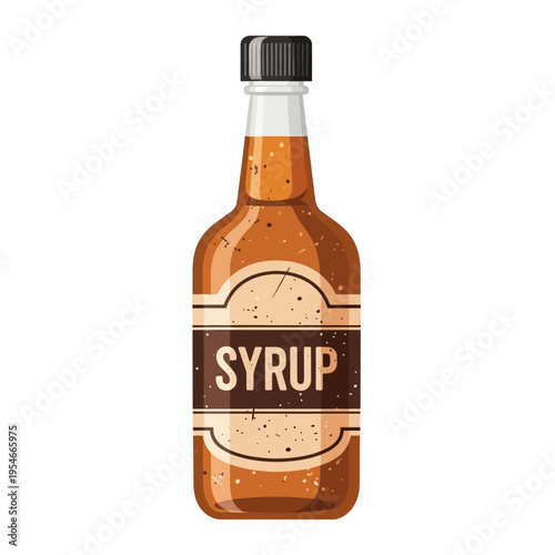 Glass bottle of amber syrup with label