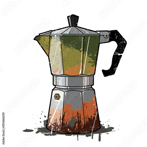 Vintage Moka Pot Coffee Maker with Grunge Splatter Art