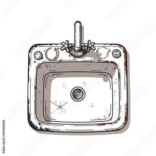 Vintage washbasin illustration, retro bathroom fixture, antique sink with faucet