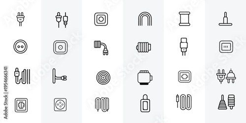 Electric Plug and Cable Line Icons Set – Minimal Power Socket, Wire, Connector Outline Vector Collection